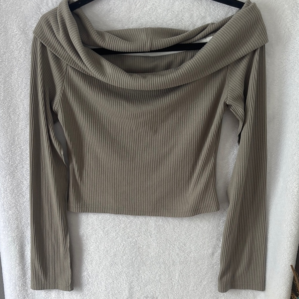 Dazy‎ Ribbed Crop Top Women XL Taupe Off Shoulder Cowl Neck Long Sleeve